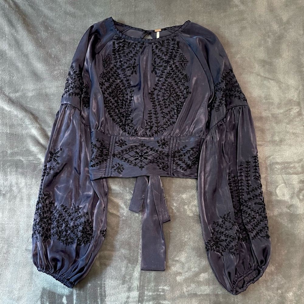 Free People Embroidered Tie Back Crop Top